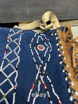 Native American Blue Hide Beaded Leggings Fringed Leather Chaps