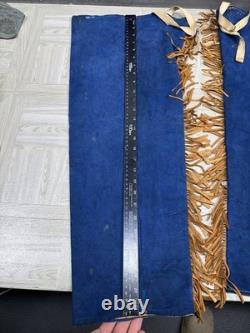 Native American Blue Hide Beaded Leggings Fringed Leather Chaps