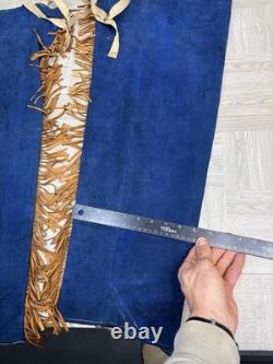 Native American Blue Hide Beaded Leggings Fringed Leather Chaps
