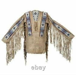 Native American Buckskin Suede Beaded Fringes Powwow Regalia War Shirt Nws8