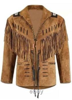 Native American Buckskin Suede Leather Western Jacket With Fringes & Beaded Coat