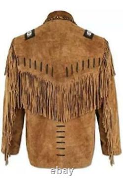 Native American Buckskin Suede Leather Western Jacket With Fringes & Beaded Coat