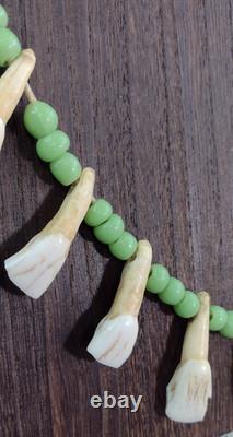 Native American Buffalo Teeth Leather Lace Strung Trade Bead Necklace Rare Atq