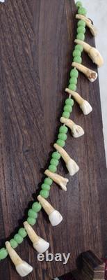 Native American Buffalo Teeth Leather Lace Strung Trade Bead Necklace Rare Atq