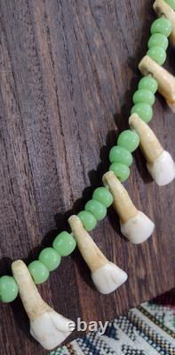 Native American Buffalo Teeth Leather Lace Strung Trade Bead Necklace Rare Atq