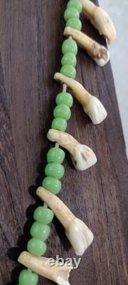 Native American Buffalo Teeth Leather Lace Strung Trade Bead Necklace Rare Atq