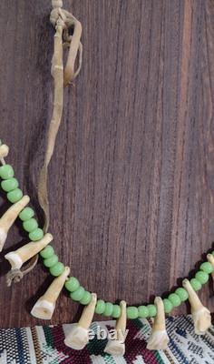 Native American Buffalo Teeth Leather Lace Strung Trade Bead Necklace Rare Atq