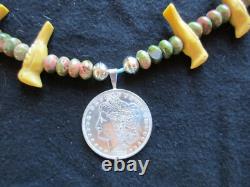 Native American Carved Bird & Agate Beaded 1885 $1 Necklace, Ott-012206264
