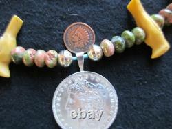 Native American Carved Bird & Agate Beaded 1885 $1 Necklace, Ott-012206264