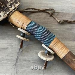 Native American Ceremonial Turtle Rattle with Bead & Bone Accent Wooden Handle