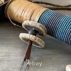 Native American Ceremonial Turtle Rattle with Bead & Bone Accent Wooden Handle