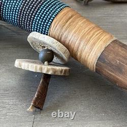 Native American Ceremonial Turtle Rattle with Bead & Bone Accent Wooden Handle