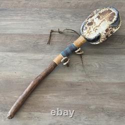 Native American Ceremonial Turtle Rattle with Bead & Bone Accent Wooden Handle