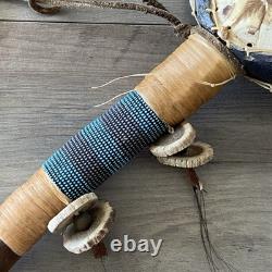 Native American Ceremonial Turtle Rattle with Bead & Bone Accent Wooden Handle