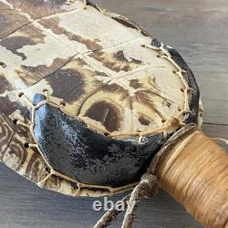 Native American Ceremonial Turtle Rattle with Bead & Bone Accent Wooden Handle