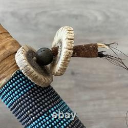 Native American Ceremonial Turtle Rattle with Bead & Bone Accent Wooden Handle