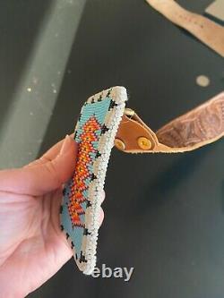 Native American Choctaw Hand Beaded Belt and Buckle Shelton Hand tooled leather