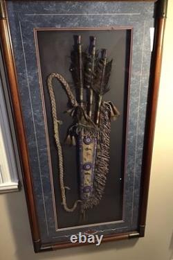 Native American Framed Arrows And Beaded Deer Hide Quiver With Art Work