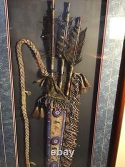 Native American Framed Arrows And Beaded Deer Hide Quiver With Art Work