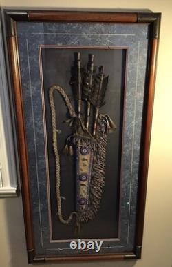 Native American Framed Arrows And Beaded Deer Hide Quiver With Art Work