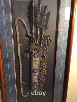 Native American Framed Arrows And Beaded Deer Hide Quiver With Art Work