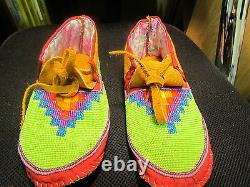 Native American Full Bead Moccasins Multicolored Sunburst On Green 9 Inches L@@k