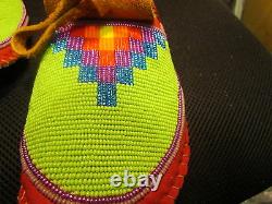 Native American Full Bead Moccasins Multicolored Sunburst On Green 9 Inches L@@k