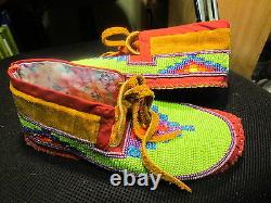 Native American Full Bead Moccasins Multicolored Sunburst On Green 9 Inches L@@k