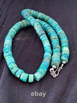 Native American Green Turquoise 11 mm Heishi Sterling Silver Bead Necklace 4631