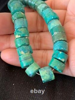 Native American Green Turquoise 11 mm Heishi Sterling Silver Bead Necklace 4631