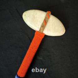 Native American Hand Beaded Bi-Point Stone War Club With Leather Handmade