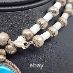 Native American Hand Beaded Sterling Silver & Heishi Shell Necklace Turquoise