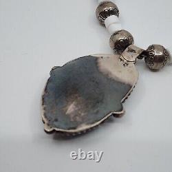 Native American Hand Beaded Sterling Silver & Heishi Shell Necklace Turquoise