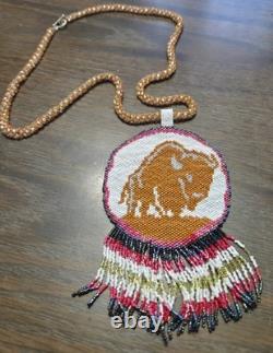 Native American Handmade Beaded Buffalo Pendant Necklace