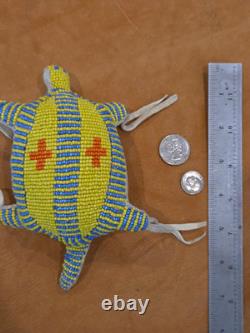 Native American Handmade Beaded Turtle Umbilical Fetish Leather Hide Yellow Blue
