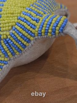 Native American Handmade Beaded Turtle Umbilical Fetish Leather Hide Yellow Blue