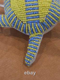 Native American Handmade Beaded Turtle Umbilical Fetish Leather Hide Yellow Blue