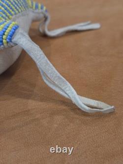 Native American Handmade Beaded Turtle Umbilical Fetish Leather Hide Yellow Blue