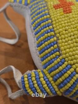 Native American Handmade Beaded Turtle Umbilical Fetish Leather Hide Yellow Blue