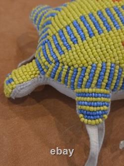 Native American Handmade Beaded Turtle Umbilical Fetish Leather Hide Yellow Blue
