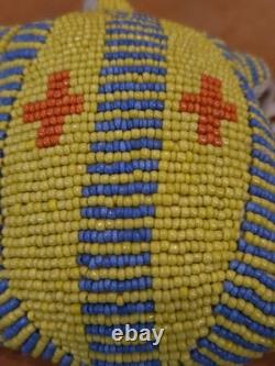 Native American Handmade Beaded Turtle Umbilical Fetish Leather Hide Yellow Blue