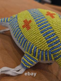 Native American Handmade Beaded Turtle Umbilical Fetish Leather Hide Yellow Blue