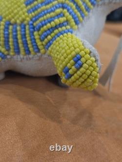 Native American Handmade Beaded Turtle Umbilical Fetish Leather Hide Yellow Blue