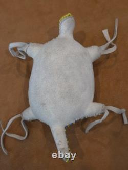 Native American Handmade Beaded Turtle Umbilical Fetish Leather Hide Yellow Blue