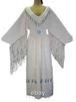 Native American Handmade White Leather Long Fringes Wedding Dress Beaded Belt