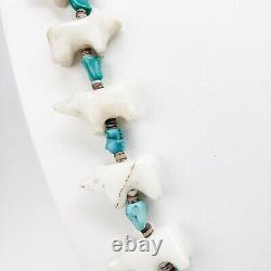 Native American Heishi Bear Fetish Necklace with Turquoise Nuggets 30 Inches