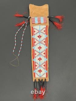 Native American Indian Beaded Leather Knife Sheath Pouch Red White Blue Fringe