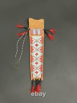 Native American Indian Beaded Leather Knife Sheath Pouch Red White Blue Fringe