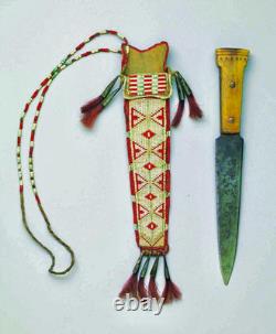 Native American Indian Beaded Leather Knife Sheath Pouch Red White Blue Fringe