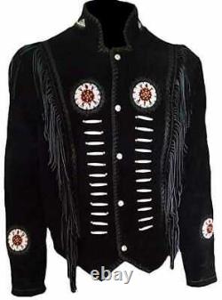 Native American Indian Black Cowboy Suede Leather Coat Fringed & Beaded Jacket
